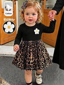 SHEIN Baby Girl Leopard Print Floral Decor Dress - Multicolor - View 4