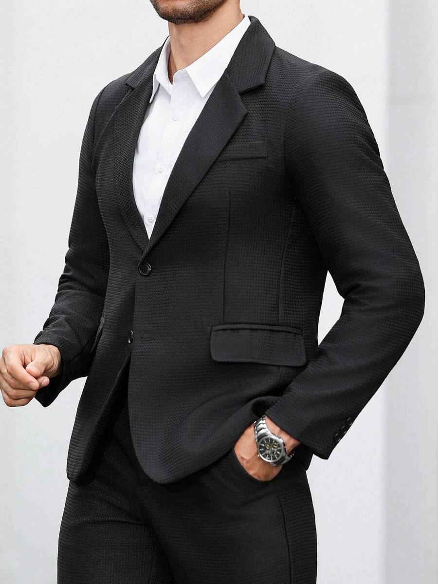 Manfinity Mode Men's Solid Color Casual Business Suit Set, Made Of Textured Fabric, Suitable For Daily Commute, Relaxed Work Environment Or Semi-Formal Occasions, Also An Ideal Gift For Boyfriend And Husband - Black - View 1