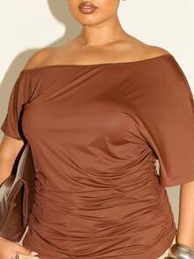 FASHION SZN Atasan Kasual Ukuran Besar dengan Bahu Jatuh, Potongan Longgar, Bahu Terbuka, Elegan, Chic, Berkelas, Pakaian Sehari-hari, Cocok untuk Bandara, Liburan Musim Panas, Liburan, Minimalis, Kebutuhan Dasar - Coklat - View 6