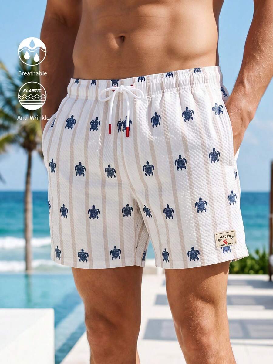 CoralVoy Men's Turtle Stripe Drawstring Waist Pocket Beach Shorts - Beige - View 1
