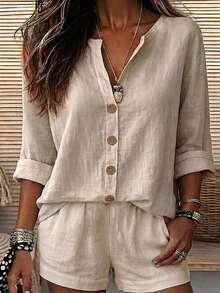 Balvessa Casual Vacation Daily Wear Vacation Loose Fit Shirt And Shorts With Pockets 2 Pieces Set Home Country Old Money Beige Summer - Khaki - View 1