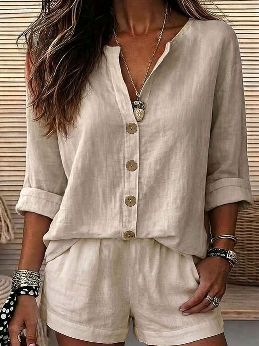 Balvessa Casual Vacation Daily Wear Vacation Loose Fit Shirt And Shorts With Pockets 2 Pieces Set Home Country Old Money Beige Summer - Khaki - View 1