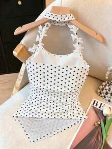GlowEve CURVE Plus Size Women's Knit Elegant French Commute Evening Vacation Wedding Guest Lace Trim Spaghetti Strap Flared Collar Black And White Cami Summer - Black and White - View 2