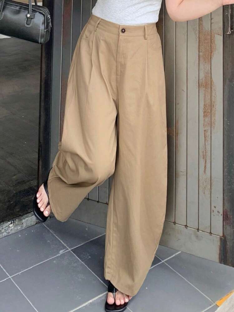 Dazy Petite Curve 素色休閒卡其色部落客街頭風百搭長版大尺碼女款春夏秋彎腿長褲 - 卡其色 - 查看 2