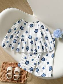 SHEIN Vintaside Kids 2件組女嬰春秋圓領燈籠泡泡長袖荷葉邊前開襟蝴蝶結裝飾上衣直筒長褲套裝 藍色與白色 - 藍色 - 查看 3