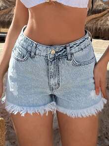 SHEIN Pantaloncini di jeans in cotone 100% a vita bassa con orlo sfrangiato - Lavaggio chiaro - Visualizzare 7