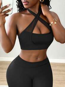 SHEIN BamGlam Women's Solid Color Criss-Cross Design Cropped Halter Neck Sports Tank Top - Black - View 6
