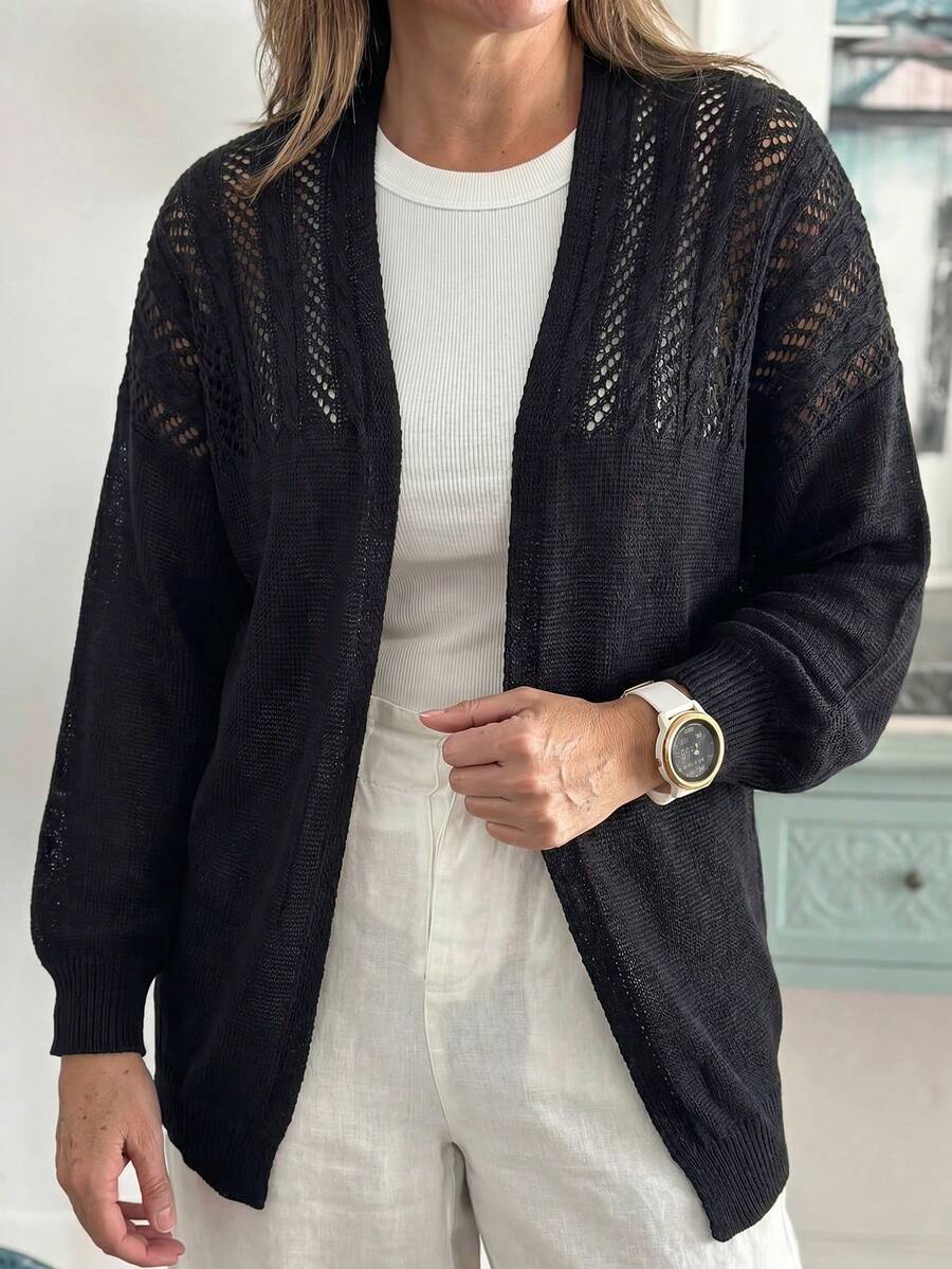 Sprig & Strand ملابس خارجية نسائية بأسلوب بسيط وجذاب للربيع/الصيف، بتصميم محبوك بكابلات مجوفة، أكتاف منخفضة، أكمام فانوس، طول متوسط بقصة مستقيمة، حافة مضلعة، متعددة الاستخدامات للطبقات، كاجوال راقي للتنقل والمواعيد - الأسود - مشاهدة 1