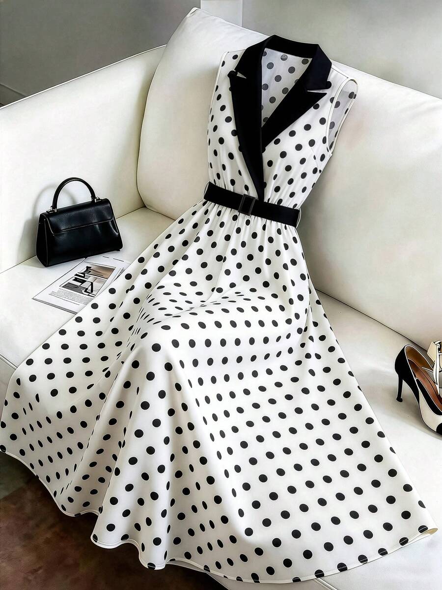 Selianne Women's Elegant Tailored Stand Collar Sleeveless Waist Patchwork Contrast Color Flared White Polka Dot Vintage Party Office Tea Party Dress Summer - White - View 1