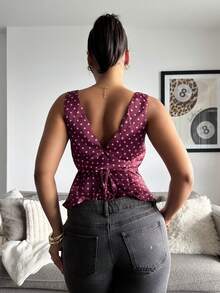 leahseptember Women's Polka Dot Print Sexy Deep V Neck Fitted Top,Spring,Summer Holiday,Casual,Beach,Polka Dot Top,Burgundy - Burgundy - View 2