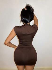 SHEIN SXY Women's Elegant Dark Brown Pleated Sexy Hot Girl Dress Club Night Out Summer - Brown - View 2
