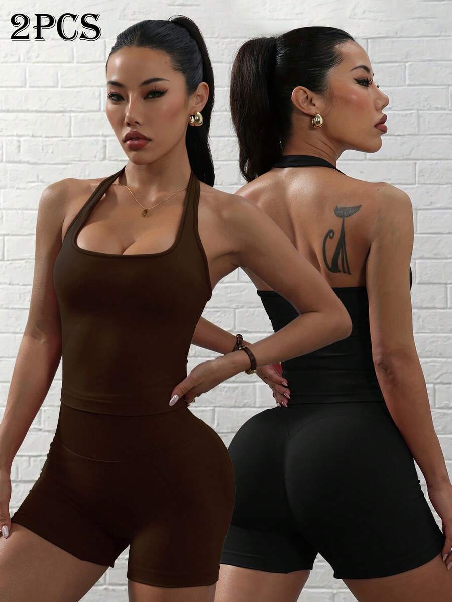 Dewbera Dewbera 女式纯色露背瑜伽背心和高腰短裤运动套装