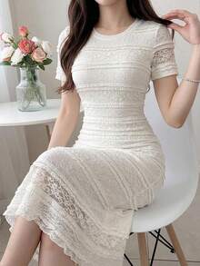 DAZY Women's Elegant Lace Solid Color Mid-Length Dress, Spring/Summer Wedding Guest Dress Maxi Dress Sundress Cocktail Dress - Beige - View 8