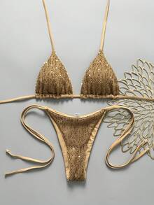 Costavie Swim MOD 女款兩件式性感比基尼泳衣套裝，春夏度假款，亮片紋理面料，掛脖三角比基尼上衣搭配側綁帶比基尼下褲 - 卡其色 - 查看 7