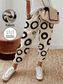 SHEIN Holidaya Women's Fashion Round Pattern Waist Drawstring Long Pants - Black and White - View 4