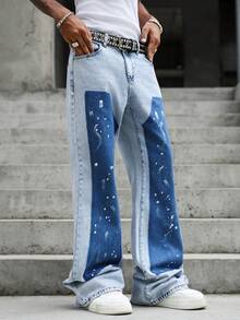 GALLERY FADE Men's Casual Flare Denim Jeans, Splatter Design Loose Wide Leg Jeans, Streetwear Retro Washed Casual Pants - Blue - View 4