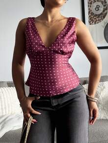 leahseptember Women's Polka Dot Print Sexy Deep V Neck Fitted Top,Spring,Summer Holiday,Casual,Beach,Polka Dot Top,Burgundy - Burgundy - View 4