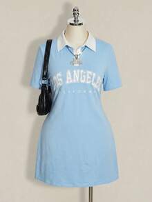 SHEIN ICON Women's Plus Size Polo Collar Light Blue Contrast Mini Dress Back-To-School Graduation Summer 90s - Baby Blue - View 9