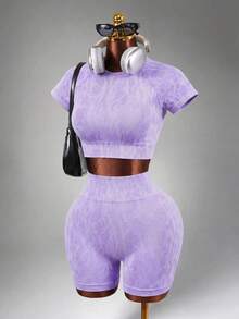 Mistrie Seamless Leopard Print Backless Sleeveless T-Shirt And Shorts Sports Suit For Women - Purple - View 4