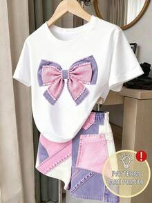 SHEIN 1組隨機款 2件組女童幼兒夏季新款軟布料愛心蝴蝶結印花圓領短袖T恤與鬆緊腰寬鬆短褲，簡約 - 彩色 - 查看 3