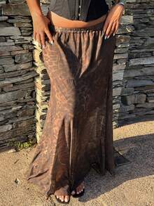 Dazy Plus Falda larga recta de gasa con estampado de leopardo, cintura elástica, estilo versátil para playa, vacaciones y formal, falda marrón para mujer talla grande, casual bohemio de otoño - Marrón - Ver 5
