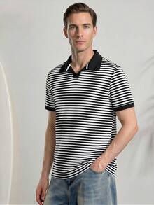 VeloEdit 白色男士條紋短袖 Polo 衫/小男孩休閒上衣/經典青年穿著老錢風夏季度假風格禮物 - 黑與白 - 查看 4