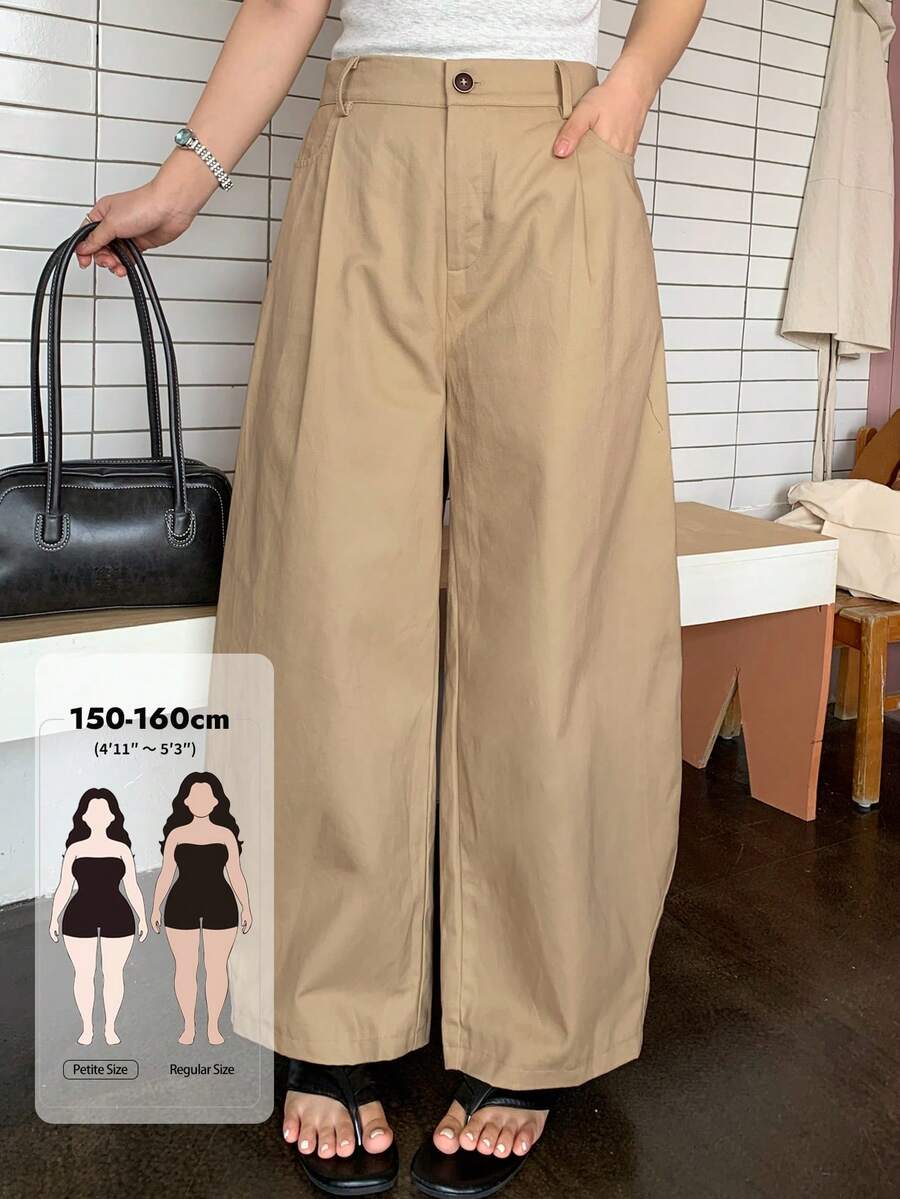 Dazy Petite Curve Pantalones de pierna curva versátiles de estilo callejero blogger casual color caqui sólido para mujer talla grande primavera verano otoño - Caqui - Ver 1