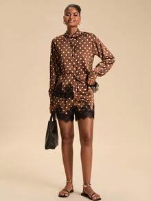 Travachic Women's Polka Dot Long Sleeve Loose Casual Top & Shorts 2pcs Set - Brown - View 3