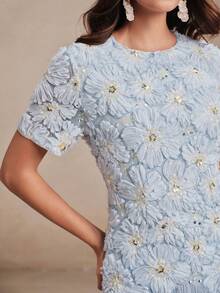 Anewsta Sommer Party Urlaub Mesh Applikation 3D Blumen Patchwork Mehrschichtig Quaste Blau Elegantes Kleid für Frauen, geeignet für Urlaub, Partys, Bankette - Blau - Übersicht 2