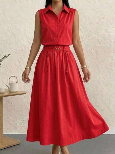Conjunto femenino dos piezas, camisa corta sin mangas cuello solapa con botones, falda midi plisada con cordón regulable, tejido ligero elegante para oficina y salidas diarias