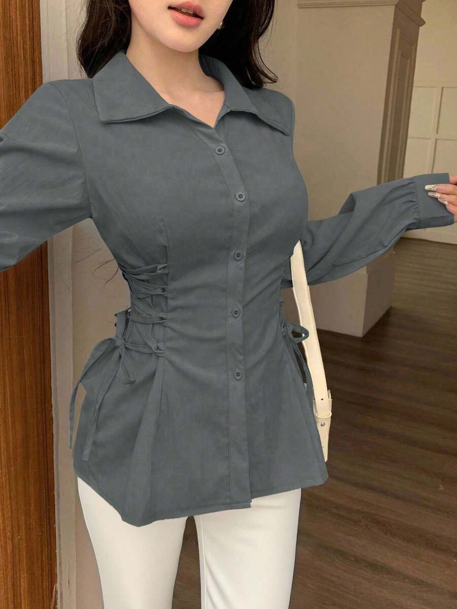 Modelyn Fashionable Versatile Solid Color Criss-Cross Tie Waist Blouse - Dark Grey - View 1
