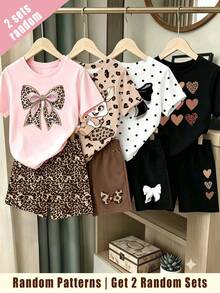 (Random Pattern, 2 Sets Random) Girls Leopard Print Glitter Bow Heart Rabbit Pattern Basic Short T-Shirt And Shorts Set - Multicolor - View 1