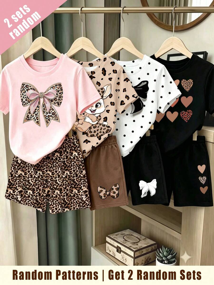 (Random Pattern, 2 Sets Random) Girls Leopard Print Glitter Bow Heart Rabbit Pattern Basic Short T-Shirt And Shorts Set - Multicolor - View 1