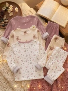 女嬰休閒極簡修身圓領長袖長褲居家服多件套，適合秋冬，貼身舒適 - 彩色 - 查看 2