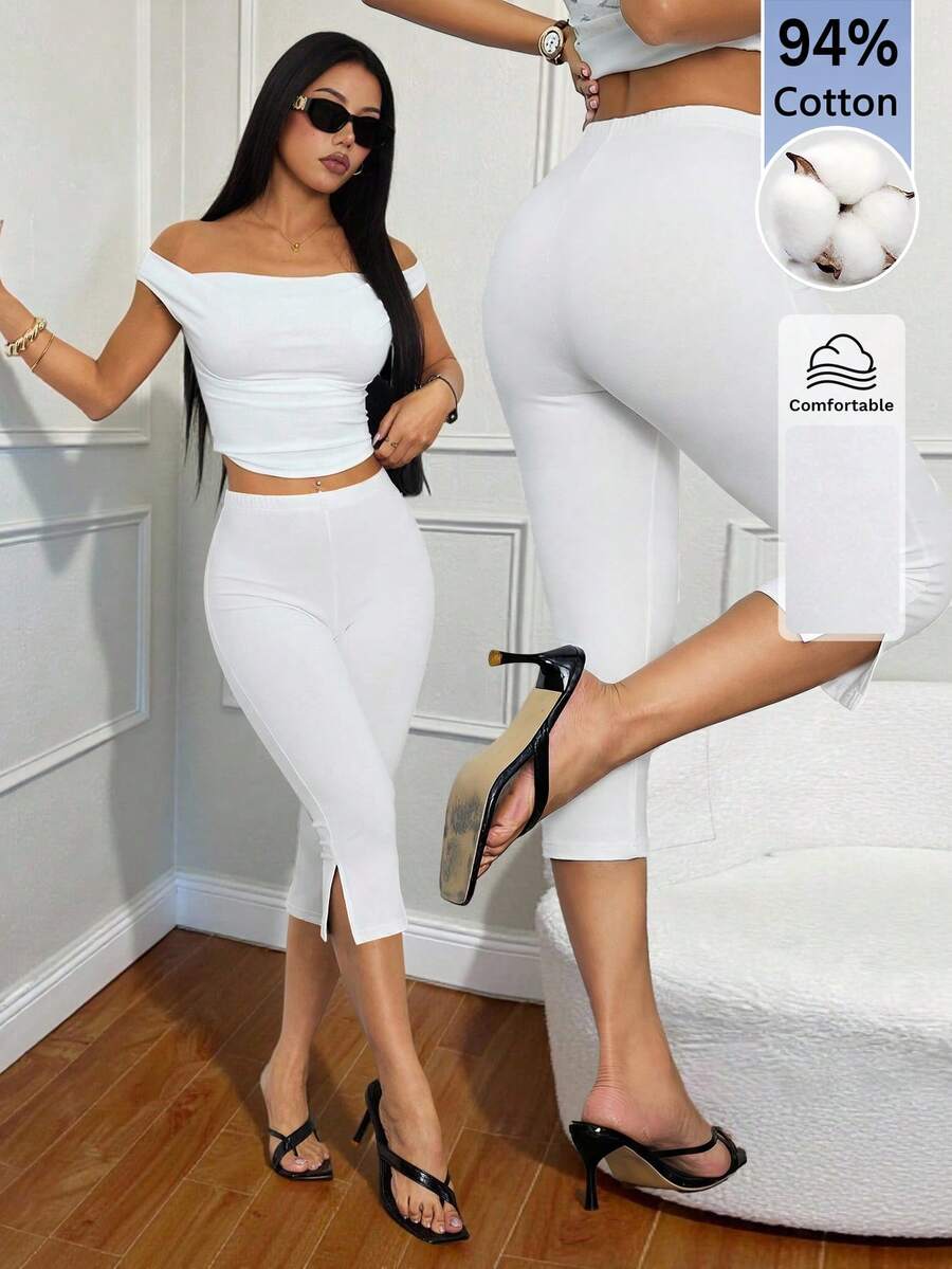 SHEIN PETITE 女款純色休閒修身開衩七分緊身褲,女款運動服,商務休閒女裝,女款外出上衣,老錢風,女教師穿搭,女款七分褲,女款夏季服飾 - 白色 - 查看 1
