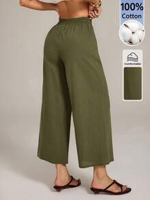 SHEIN PETITE Women's Solid Color Drawstring Waist Casual Versatile Daily Wear Wide Leg Long Pants Vacation Olive Green Summer - Army Green - View 2