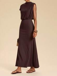 Travachic Women's Solid Color Stand Collar Mermaid Hem Elegant Long Dress Vacation Dark Brown Summer - Brown - View 8