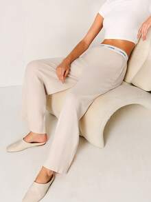 LUVLETTE Sport Style Women Earth Tones Soft Cotton Ribbed Wide Fit Lounge Bottom Airy Cozy Pants With Pockets As Outerwear Culotte Pajamas - Beige - View 8