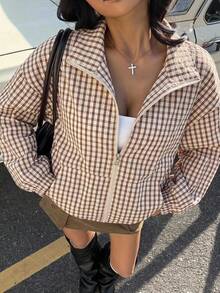 SHEIN EZwear 女款休閒格紋梭織夾克 - 咖啡棕 - 查看 2