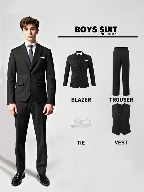 SHEIN 5pcs/Set Teen Boy Gentleman Suit,Summer Elegant High-End Formal Outfit Includes Blazer Jacket,Slim Fit Vest,Dress Pants,Bow Tie & Pocket Square,Gala