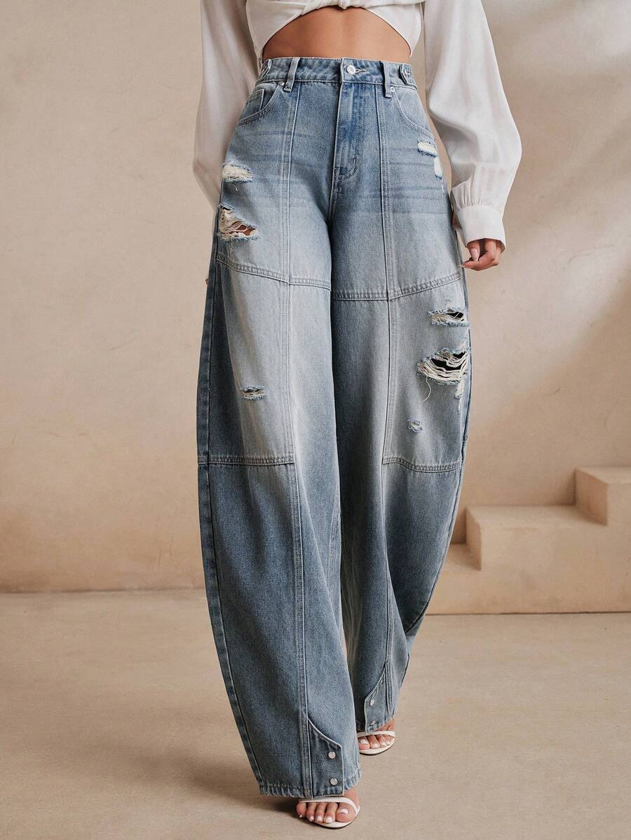 Anewsta Deconstructed Patchwork Distressed Curved Leg Wide Leg Jeans - Blue - View 1