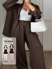 Dazy Tall Curve Setelan 2 potong kemeja lengan panjang longgar kasual warna polos dan celana panjang, cokelat, pakaian sehari-hari musim semi/panas/gugur. - Coklat - View 1