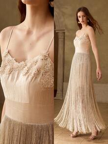 MOTF PREMIUM SPRING/SUMMER FRENCH RETRO ELEGANT DATE NIGHT LACE PATCHWORK DOUBLE-LAYER TASSEL CINCHED WAIST APRICOT LONG DRESS - Apricot - View 7