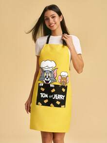TOM & JERRY X SHEIN Cute Cat And Mouse Pattern Apron, Waterproof And Oil-Proof, Suitable For Both Men And Women, For Making Cakes And Cooking - Black - View 1