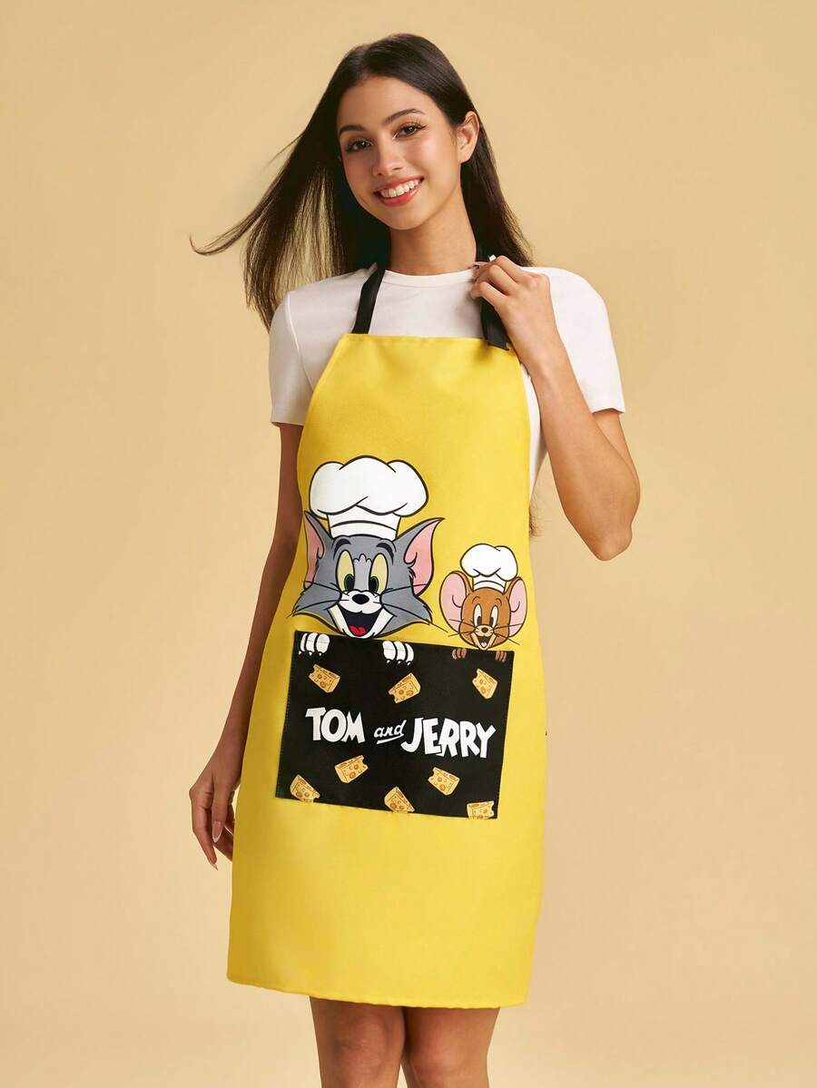 TOM & JERRY X SHEIN Cute Cat And Mouse Pattern Apron, Waterproof And Oil-Proof, Suitable For Both Men And Women, For Making Cakes And Cooking - Black - View 1