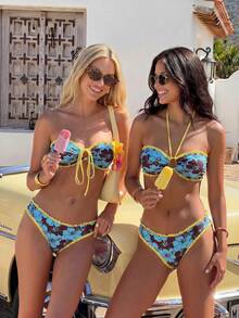 Swim Mod Women's 2pcs Summer Sexy Tropical Bandeau Top With Front Tie And Ruffle Hem, Triangle Bikini Bottom Set Beach Vacation Aqua Blue - Multicolor - View 1