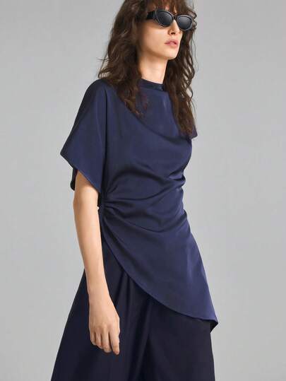 Ontre Women's Navy Blue Satin Waist Blouse Elegant Sophisticated Commute Airport Autumn Essential Premium Comfortable Old Money Casual Women's Top