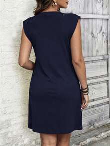 EMERY ROSE Plus Size Summer Casual Colorblock Lace Patchwork Dress - Navy Blue - View 2
