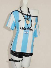 SHEIN ICON Y2K 暗黑復古 Grunge 風格十字印花不對稱領寬鬆休閒 T-shirt - 彩色 - 查看 9