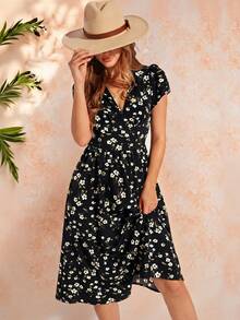 Amorya Women's Floral V-Neck Pocket Elegant Vacation Dress - Black - View 6